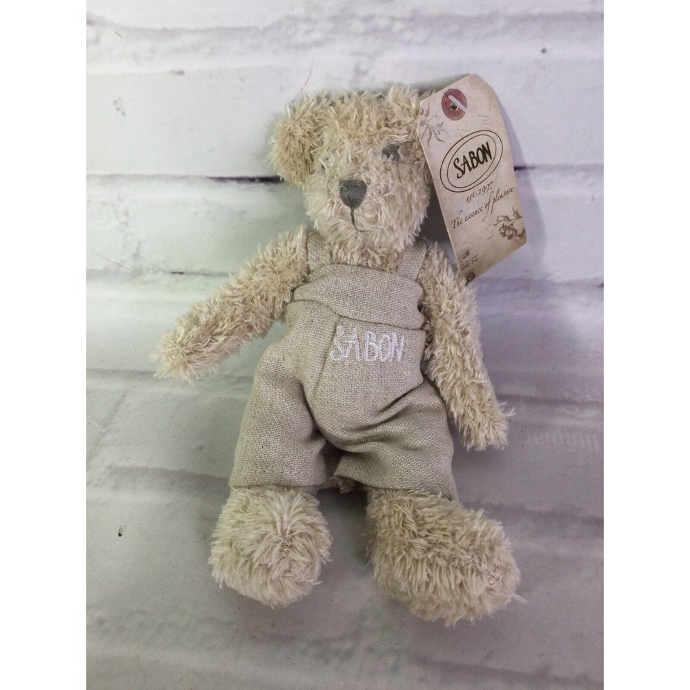 Sabon Soap Teddy Bear Beige Plush Stuffed Animal Toy With Knit Sack Overalls